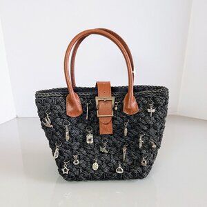Vintage Black Woven Crossbody Bag Upcycled Jewelry Charms Double Handle Snap